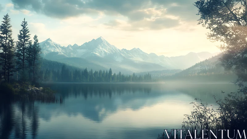 Whispering alpine lake cradles dawnlit snow-capped peaks.