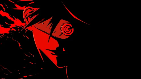 Striking red-eyed anime hero emerging from dramatic shadows.