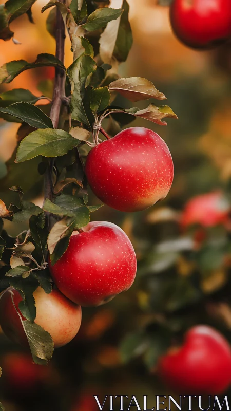 Ripe red apples on tree branches with soft blurred background.