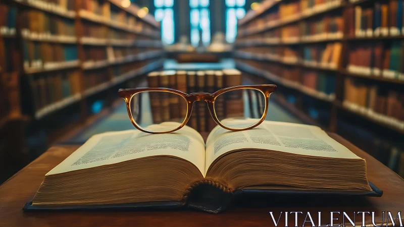 Optical focal plane through open tome in archival library.