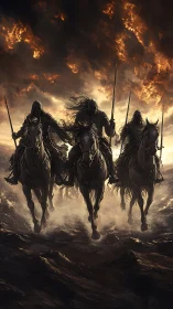 Dark riders charge beneath infernal storm skies in motion.
