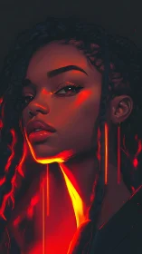 Luminous portrait of braided woman in neon crimson glow.