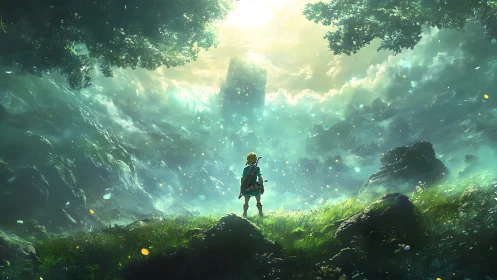 Lone adventurer greeting a mist-drenched emerald horizon.