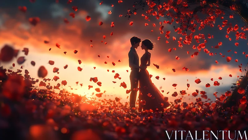 Couple silhouetted against sunset with falling rose petals