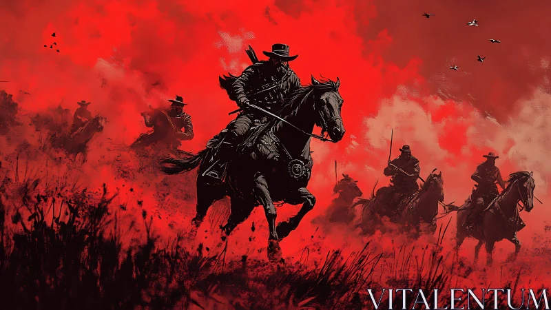 Riders charge through red dust in a stark western scene.