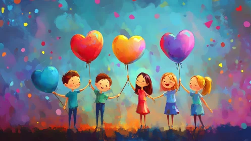 Children holding colorful heart balloons against vibrant bokeh backdrop.