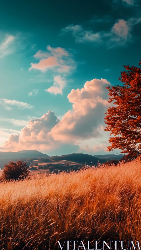 Copper meadow leans into a teal sky swollen with clouds