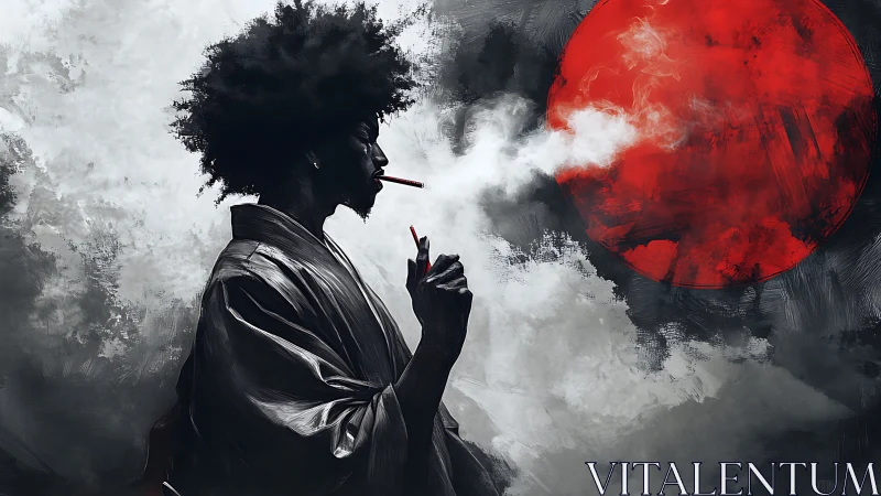 Afrofuturist samurai exhales smoke beneath crimson sun.