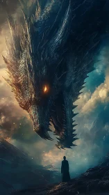 Colossal dragon lowers burning gaze toward lone cloaked figure