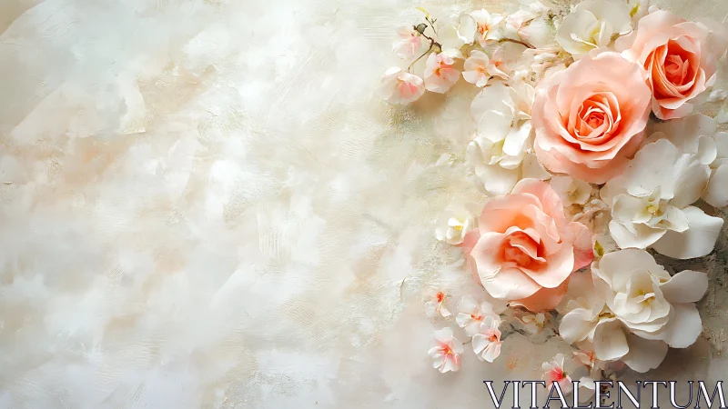 Soft Peachy Roses and White Flowers Against Textured Cream Background