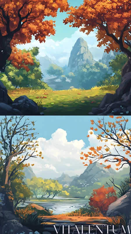 Autumn valley landscapes frame distant sunlit mountains.