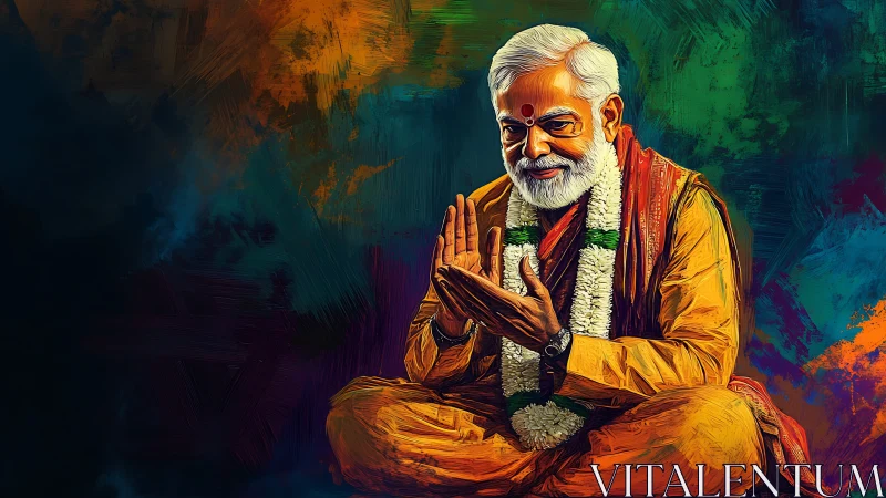 Elderly guru seated cross legged against vivid abstract background