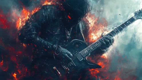 Dark guitar figure surrounded by contrasting fire and smoke