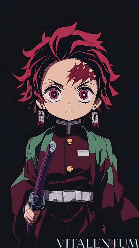 Red-haired anime swordsman with patterned cloak stands ready