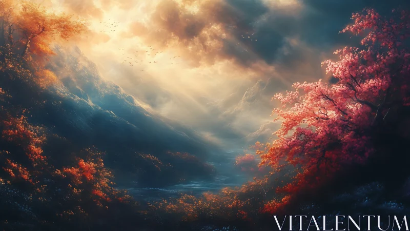 Dawnlight spilling over enchanted valley of ember and bloom.