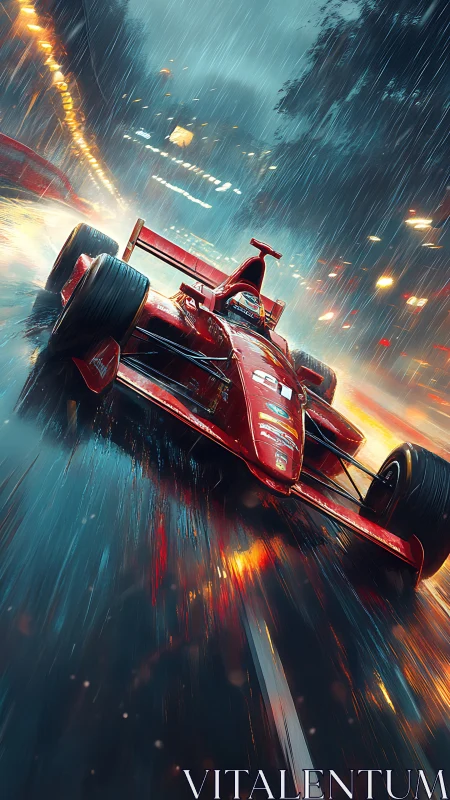 Storm-slashed red racer knifes through neon-soaked streetstorm.