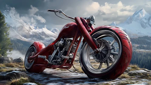 Red custom chopper dominating alpine mountain overlook.