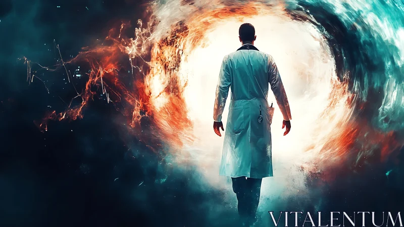 Digital painting of doctor entering luminous temporal vortex portal.
