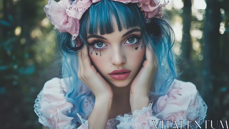 Pastel goth portrait with blue hair and floral lace dress.