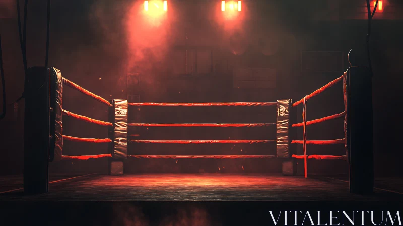 Boxing ring interior with red rope and dramatic overhead lighting.
