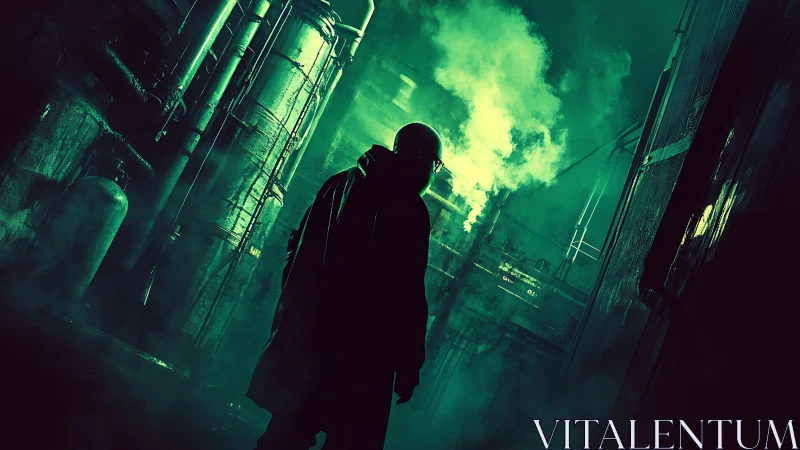 Lone figure in neon-green industrial alley rendered in cyber noir
