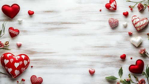 Valentine's Day Flat Lay with Red Hearts and Floral Accents.