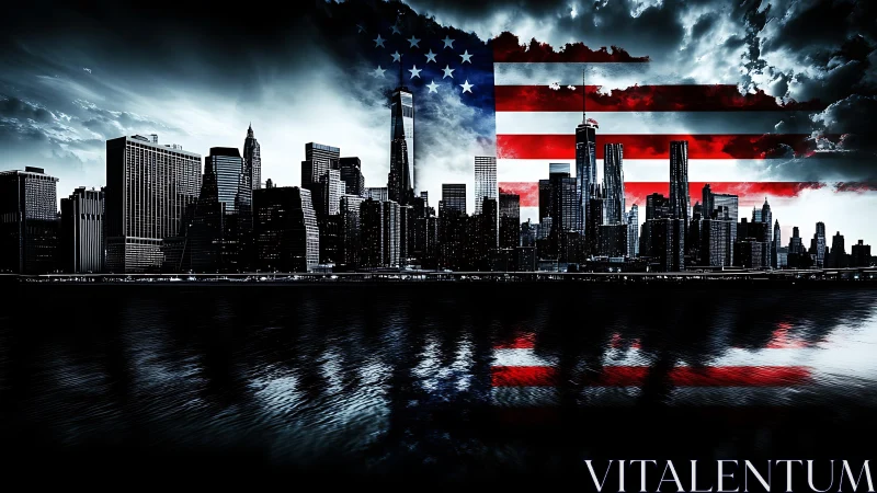 Storm-lit American skyline draped in rebellious city stripes.