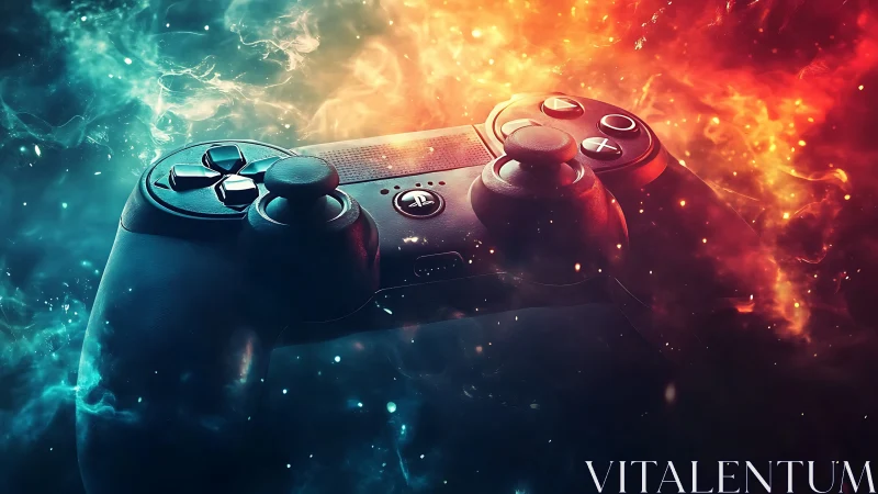 Game controller between blue smoke and orange flames.