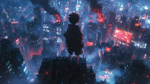 Lone figure surveys burning neon city from rooftop edge