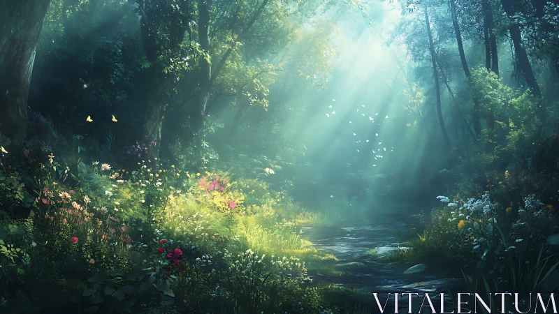 Radiant forest glade with volumetric light and floral density.