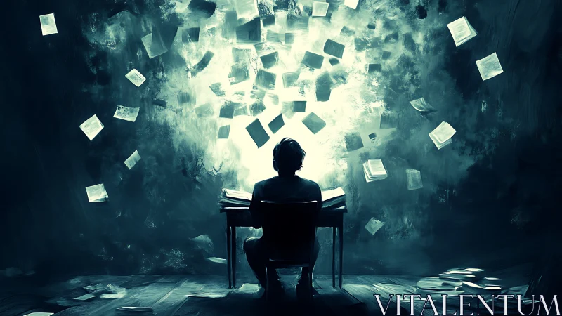 Solitary student at desk under swirling glowing pages.