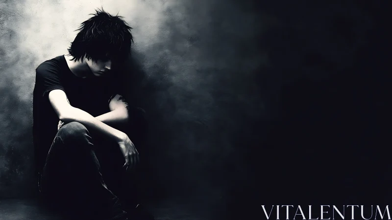 Solitary youth sits in chiaroscuro corner under deep shadows