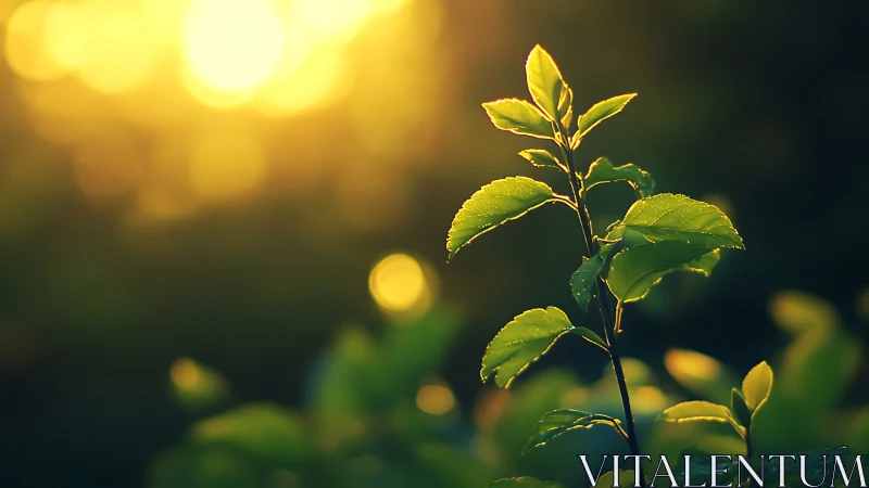 Sunlit Plant Leaves with Dew in Soft Focus Nature Photography.