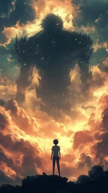 Silhouetted youth confronts a colossal fiery cloud titan at dusk