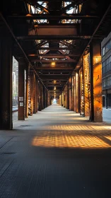 Urban steel underpass corridor with evening light patterns.