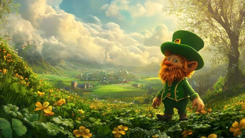Cheerful leprechaun strolls through a sunlit clover valley