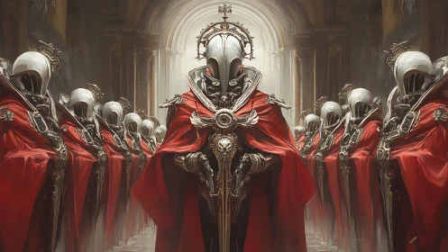 Imperial red-cloaked paladins in ornate cathedral procession.