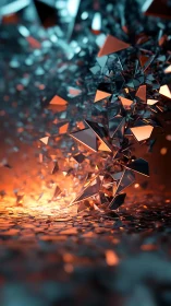 Shattered glass shards rising through molten orange glow.