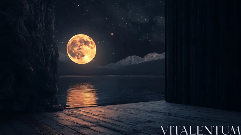 Photorealistic moonrise over lake framed by dark architecture.