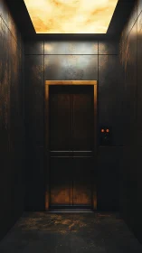 Warmly lit industrial elevator promising a quiet escape.