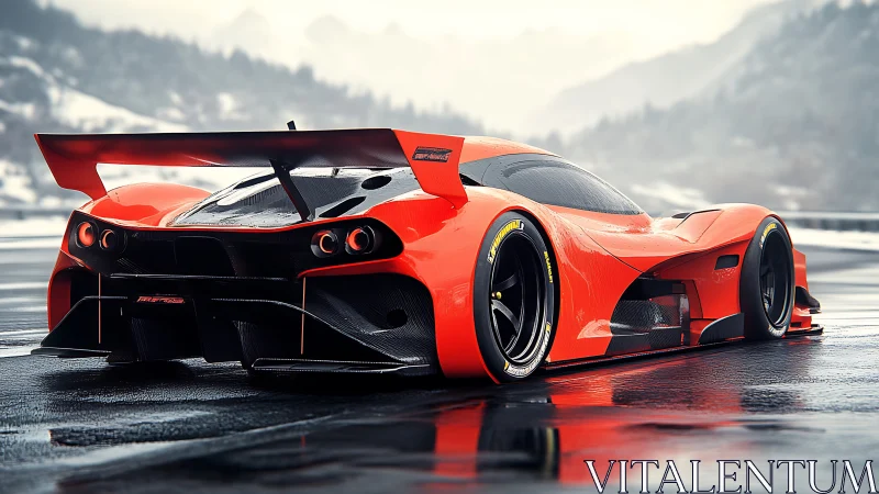 Red futuristic race car on wet mountain racetrack at dusk.