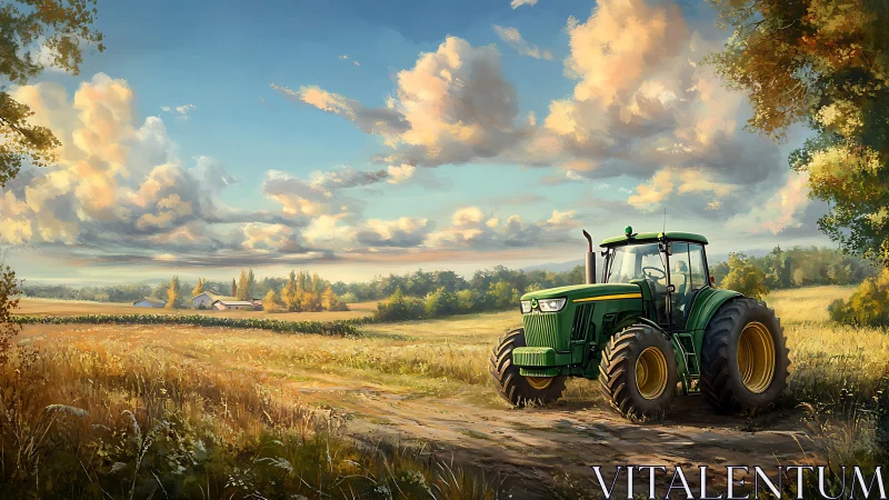 Sunlit green tractor rests peacefully beside golden farm fields