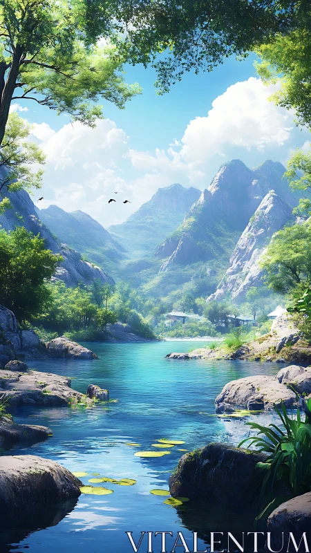 Mountain river valley with crystal water and cottages.