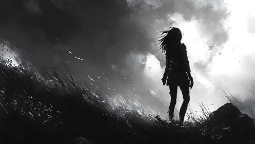 Silhouetted lone figure confronts monochrome storm horizon