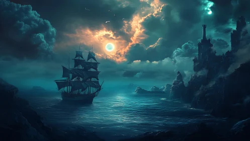Moonlit galleon near storm-worn cliff fortress in teal haze
