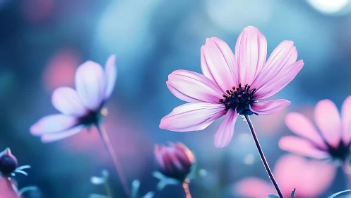 Pink daisy flower with blue bokeh background garden scene.
