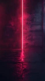 Neon magenta light slices through a dark, wet corridor.