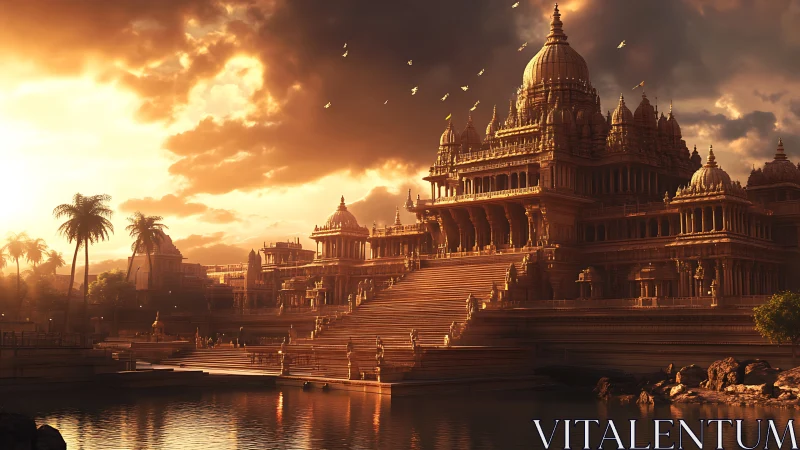 Sunlit temple complex rises over reflective riverside steps