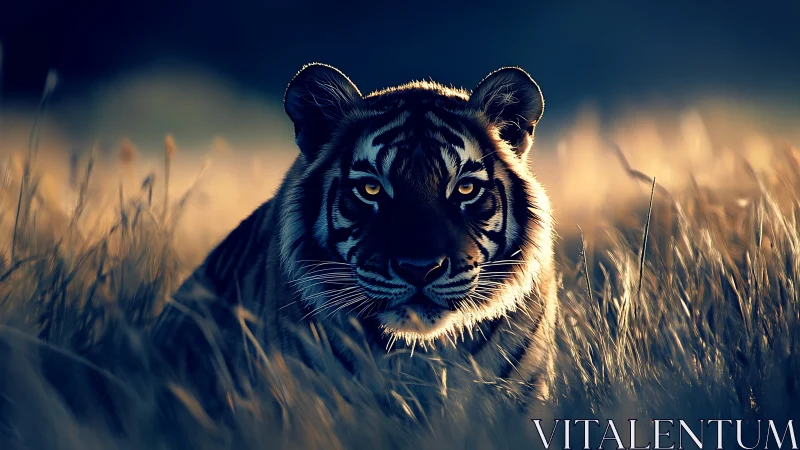 Sunlit tiger emerging through backlit savanna grasses at dusk