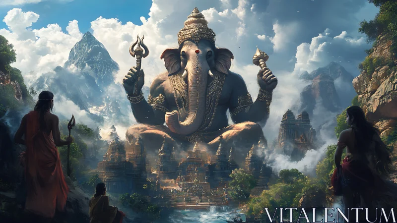 Mountain throne of the elephant god above misty temples.